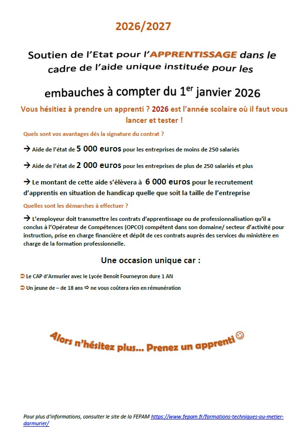 Taxe apprentissage employer un apprenti Soutien de l'Etat pour l'APPRENTISSAGE dans le cadre de l'aide unique instituée pour les embauches à compter du 1er janvier 2023